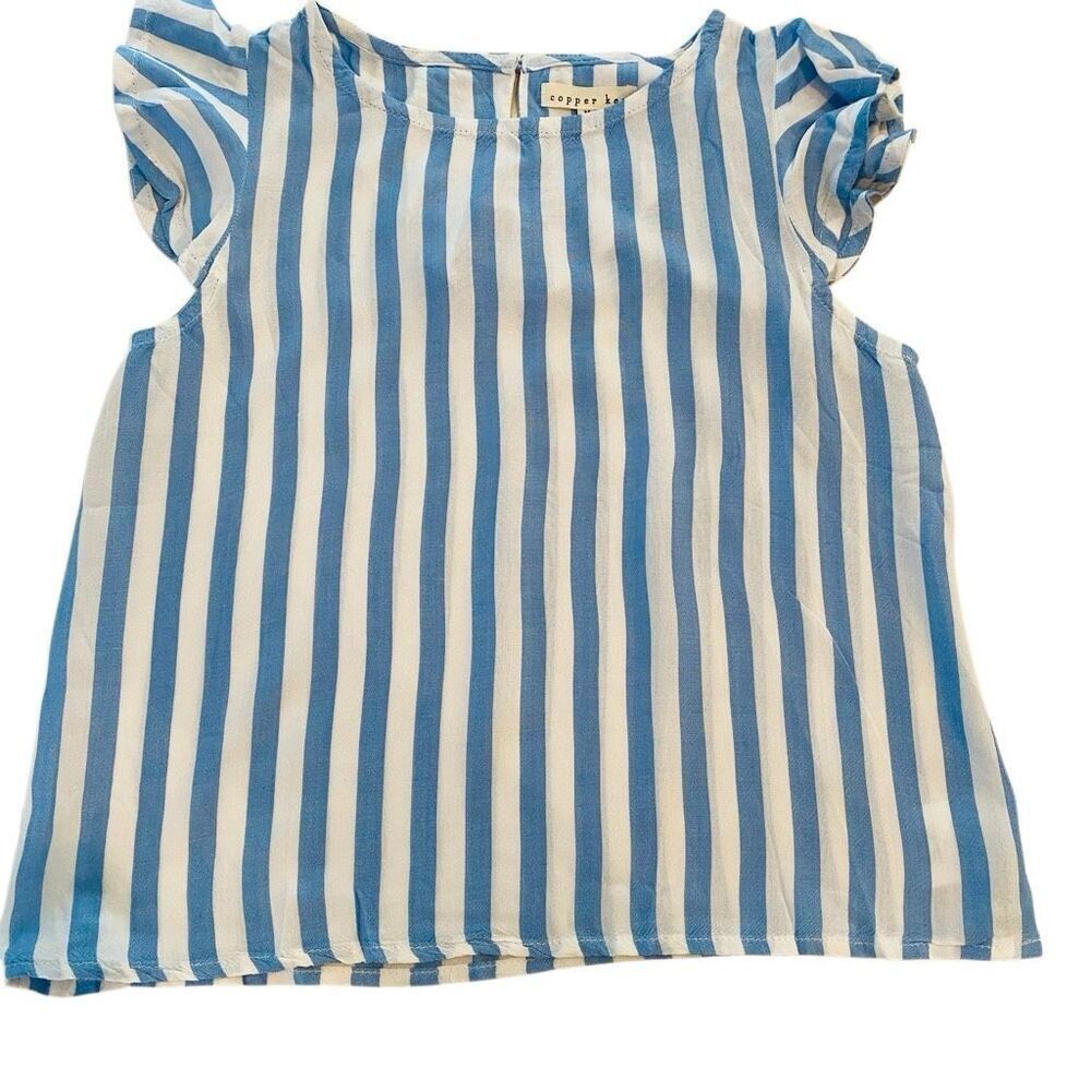 Copper Key Girls Stripe Crew Neck Cap Sleeve Keyhole Back White Blue Blouse Medi